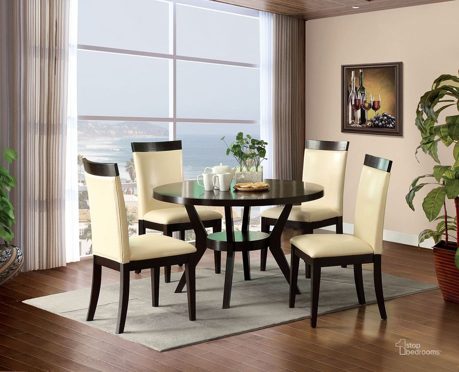 The appearance of Downtown Round Dining Table In Espresso designed by Furniture of America in the transitional interior design. This espresso piece of furniture  was selected by 1StopBedrooms from Downtown Collection to add a touch of cosiness and style into your home. Sku: CM3424T. Table Base Style: Trestle. Table Top Shape: Round. Material: Wood. Product Type: Dining Table. Size: 48". Image1