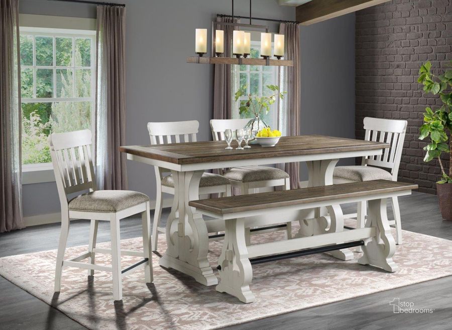 The appearance of Drake Rustic White and French Oak Counter Height Dining Room Set designed by Intercon in the traditional interior design. This white and brown piece of furniture  was selected by 1StopBedrooms from Drake Collection to add a touch of cosiness and style into your home. Sku: DK-TA-3676G-RFO-C;DK-BS-460C-RFO-K24. Table Base Style: Trestle. Product Type: Dining Room Set. Table Top Shape: Rectangular. Image1