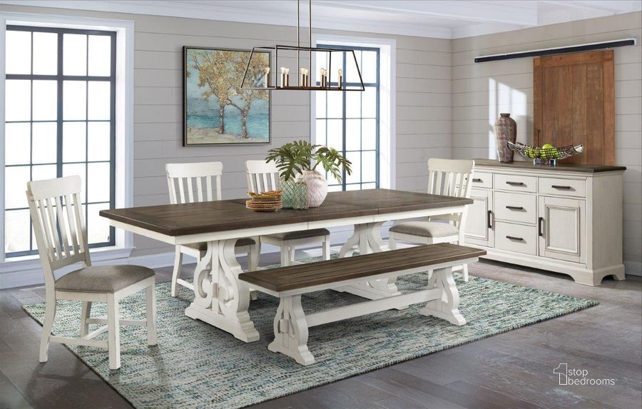 The appearance of Drake Rustic White and French Oak Extendable Trestle Dining Room Set designed by Intercon in the traditional interior design. This white and brown piece of furniture  was selected by 1StopBedrooms from Drake Collection to add a touch of cosiness and style into your home. Sku: DK-TA-4098-RFO-C;DK-CH-460C-RFO-RTA. Table Base Style: Trestle. Product Type: Dining Room Set. Table Top Shape: Rectangular. Image1