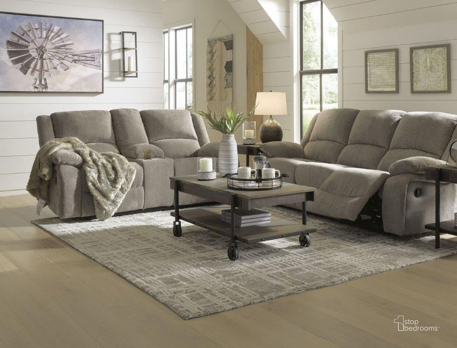 The appearance of Draycoll Reclining Living Room Set In Pewter designed by Signature Design by Ashley in the transitional interior design. This pewter piece of furniture  was selected by 1StopBedrooms from Draycoll Collection to add a touch of cosiness and style into your home. Sku: 7650588;7650594. Material: Fabric. Product Type: Living Room Set. Image1