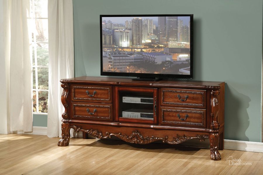 The appearance of Dresden Cherry Oak Tv Console designed by ACME in the transitional interior design. This brown piece of furniture  was selected by 1StopBedrooms from Dresden Collection to add a touch of cosiness and style into your home. Sku: 91338. Material: Glass. Product Type: TV Console.
