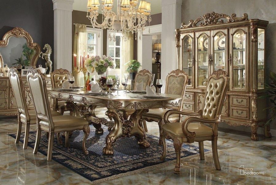 The appearance of Dresden Dining Room Set (Gold Patina) designed by ACME in the transitional interior design. This gold patina piece of furniture  was selected by 1StopBedrooms from Dresden Collection to add a touch of cosiness and style into your home. Sku: 63150T;63151ST;63153. Table Base Style: Trestle. Product Type: Dining Room Set. Material: Wood Veneer. Table Top Shape: Rectangular. Table Top Style: Trestle. Image1