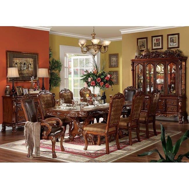 The appearance of Dresden Formal Dining Room Set designed by ACME in the transitional interior design. This brown piece of furniture  was selected by 1StopBedrooms from Dresden Collection to add a touch of cosiness and style into your home. Sku: 12150T;12151ST;12153;12154. Table Base Style: Trestle. Material: Wood. Product Type: Dining Room Set. Table Top Shape: Rectangular. Table Top Style: Double Pedestal. Image1