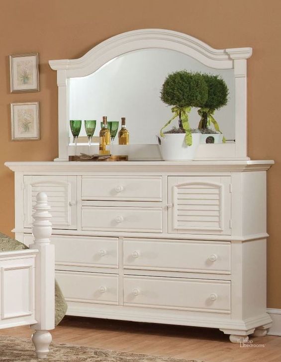 The appearance of Cottage Traditions White High Dresser with Mirror designed by American Woodcrafters in the country / farmhouse interior design. This white piece of furniture  was selected by 1StopBedrooms from Cottage Traditions Collection to add a touch of cosiness and style into your home. Sku: 6510-262;6510-040. Product Type: Dresser and Mirror. Image1