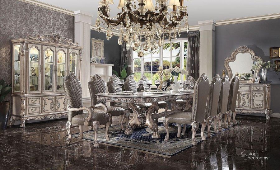 The appearance of Drummondville Bone White Dining Room Set 0qb24544893 designed by Isaac Tahari in the transitional interior design. This bone white piece of furniture  was selected by 1StopBedrooms from Drummondville Collection to add a touch of cosiness and style into your home. Sku: 68175T;68176ST;68172. Table Base Style: Trestle. Material: Wood. Product Type: Dining Room Set. Table Top Shape: Rectangular. Size: 108". Image1
