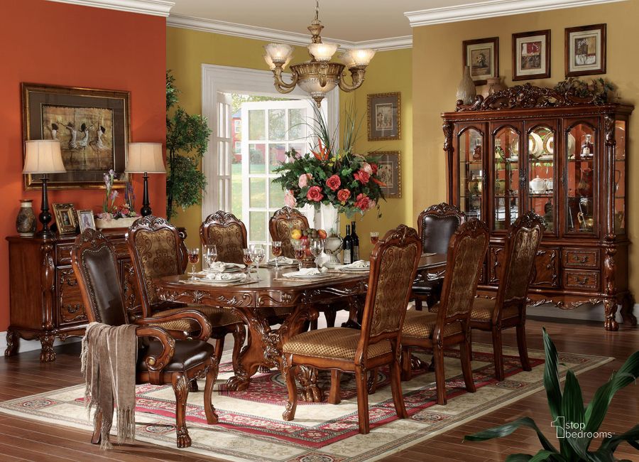 The appearance of Drummondville Brown Cherry Formal Dining Set 0qb2264690 designed by Isaac Tahari in the transitional interior design. This brown cherry piece of furniture  was selected by 1StopBedrooms from Drummondville Collection to add a touch of cosiness and style into your home. Sku: 12150T;12151ST;12153;12154. Table Top Style: Wood. Material: Wood. Product Type: Formal Dining Set. Table Top Shape: Rectangular. Size: 46". Image1