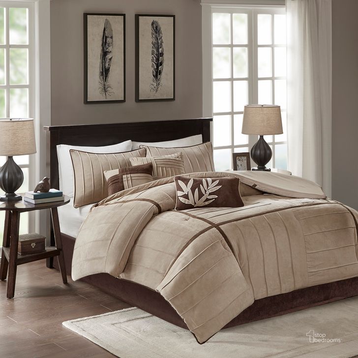 The appearance of Dune 7 Pc California King Comforter Set In Beige designed by Olliix in the transitional interior design. This beige piece of furniture  was selected by 1StopBedrooms from Dune Collection to add a touch of cosiness and style into your home. Sku: MP10-071. Material: Polyester. Bed Size: California King. Product Type: Comforter Set. Image1