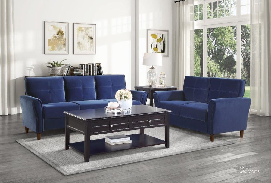 The appearance of Dunleith Blue Velvet Living Room Set designed by Homelegance in the transitional interior design. This blue piece of furniture  was selected by 1StopBedrooms from Dunleith Collection to add a touch of cosiness and style into your home. Sku: 9348BUE-3;9348BUE-2. Material: Wood. Product Type: Living Room Set. Image1