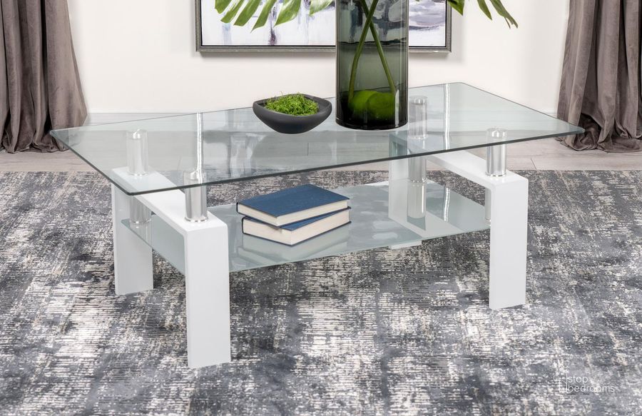 The appearance of Dyer Rectangular Glass Top Coffee Table with Shelf In White designed by Coaster in the modern / contemporary interior design. This white piece of furniture  was selected by 1StopBedrooms from Dyer Collection to add a touch of cosiness and style into your home. Sku: 703438B1;703438B2. Material: Metal. Product Type: Coffee Table. Image1