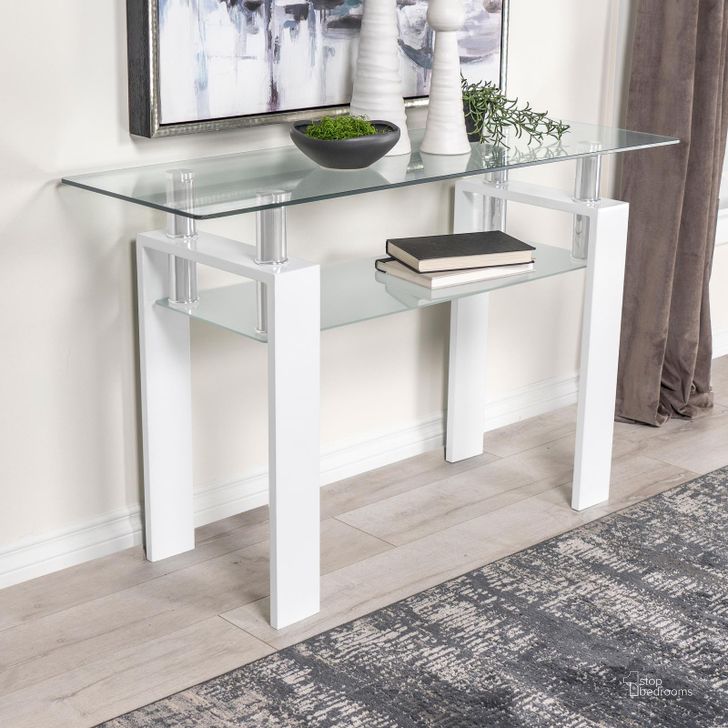 The appearance of Dyer Rectangular Glass Top Sofa Table with Shelf In White designed by Coaster in the modern / contemporary interior design. This white piece of furniture  was selected by 1StopBedrooms from Dyer Collection to add a touch of cosiness and style into your home. Sku: 703439B1;703439B2. Material: Metal. Product Type: Sofa Table. Image1