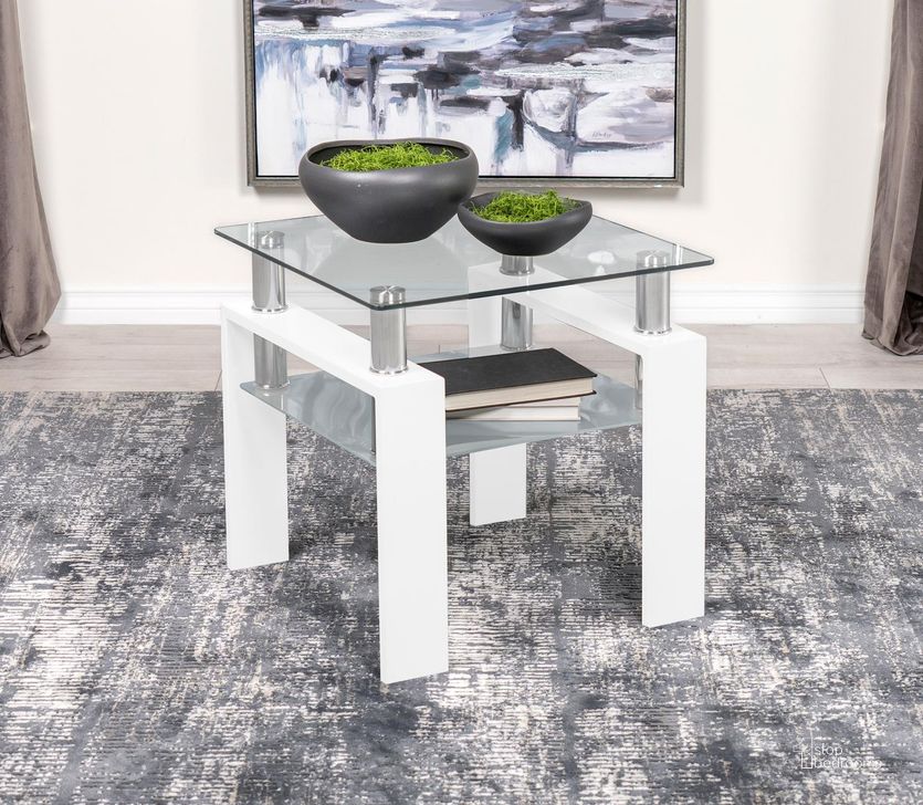 The appearance of Dyer Square Glass Top End Table with Shelf In White designed by Coaster in the modern / contemporary interior design. This white piece of furniture  was selected by 1StopBedrooms from Dyer Collection to add a touch of cosiness and style into your home. Sku: 703437B1;703437B2. Material: Metal. Product Type: End Table. Image1