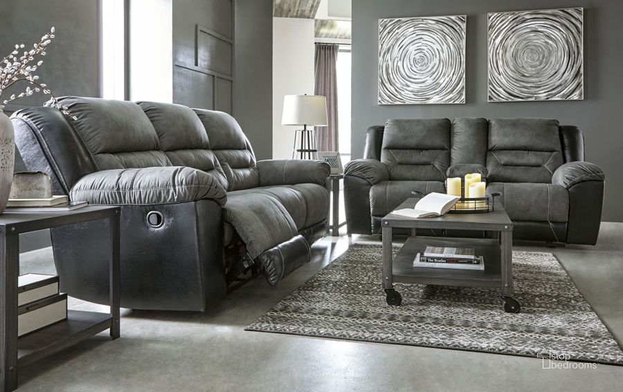 The appearance of Earhart Reclining Living Room Set In Slate designed by Signature Design by Ashley in the modern / contemporary interior design. This slate piece of furniture  was selected by 1StopBedrooms from Earhart Collection to add a touch of cosiness and style into your home. Sku: 2910288;2910294. Material: Fabric. Product Type: Living Room Set. Image1