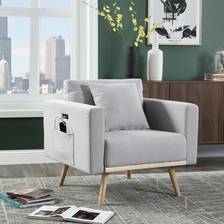 The appearance of Easton Light Gray Linen Fabric Chair With Usb Charging Ports Pockets And Pillows designed by Lilola Home in the transitional interior design. This light gray piece of furniture  was selected by 1StopBedrooms from Easton Collection to add a touch of cosiness and style into your home. Sku: 81370LG-C. Material: Fabric. Product Type: Living Room Chair. Image1