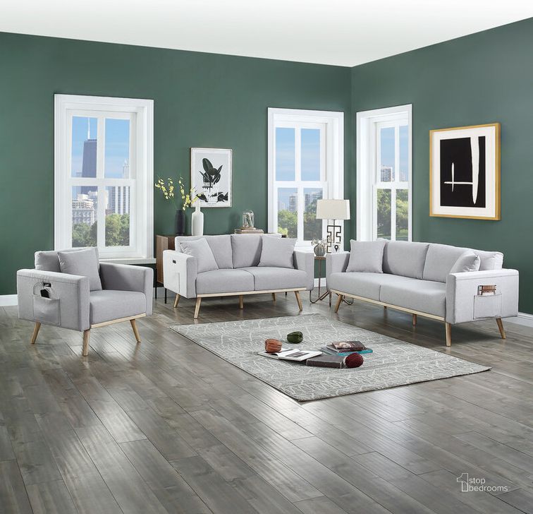 The appearance of Easton Light Gray Linen Fabric Sofa Loveseat Chair Living Room Set With Usb Charging Ports Pockets And Pillows designed by Lilola Home in the transitional interior design. This light gray piece of furniture  was selected by 1StopBedrooms from Easton Collection to add a touch of cosiness and style into your home. Sku: 81370LG. Material: Fabric. Product Type: Living Room Set. Image1