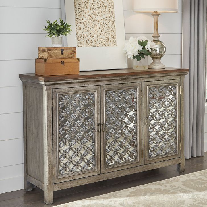 The appearance of Eclectic Living White and Brushed Gray 3 Door Accent Cabinet designed by Liberty in the transitional interior design. This brown piece of furniture  was selected by 1StopBedrooms from Eclectic Living Accents Collection to add a touch of cosiness and style into your home. Sku: 2012-AC5636. Material: Wood. Product Type: Accent Cabinet.