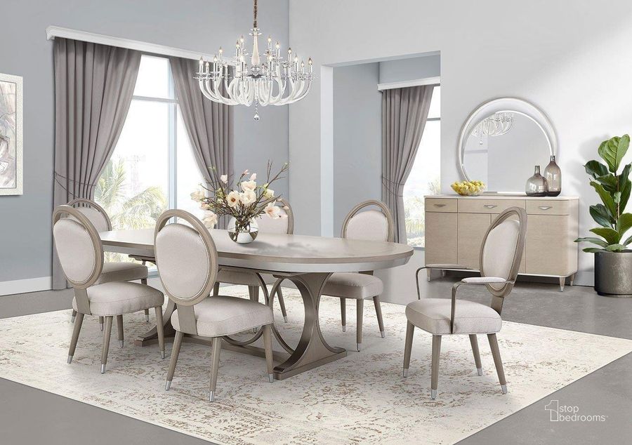 The appearance of Eclipse Oval Dining Room Set designed by AICO in the modern / contemporary interior design. This moonlight piece of furniture  was selected by 1StopBedrooms from Eclipse Collection to add a touch of cosiness and style into your home. Sku: KI-ECLP000B-135;KI-ECLP000T-135;KI-ECLP003-135. Table Base Style: Trestle. Table Top Shape: Oval. Product Type: Dining Room Set. Material: Rubberwood. Size: 100". Image1