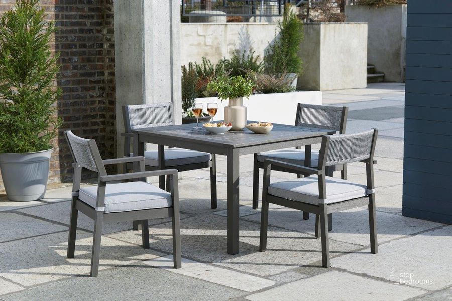 The appearance of Eden Town Grey Outdoor Square Dining Room Set designed by Signature Design by Ashley in the transitional interior design. This gray piece of furniture  was selected by 1StopBedrooms from Eden Town Collection to add a touch of cosiness and style into your home. Sku: P358-615;P358-601A. Table Top Shape: Square. Material: Wood. Product Type: Outdoor Dining Set. Image1