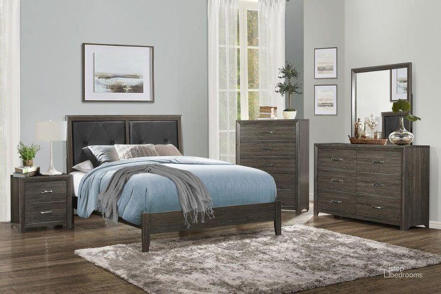 The appearance of Edina Dary Gray Upholstered Panel Bedroom Set designed by Homelegance in the modern / contemporary interior design. This black and gray piece of furniture  was selected by 1StopBedrooms from Edina Collection to add a touch of cosiness and style into your home. Sku: 2145NP-1;2145NP-2;2145NP-3;2145NP-4. Bed Type: Panel Bed. Material: Wood. Product Type: Panel Bed. Bed Size: Queen. Image1