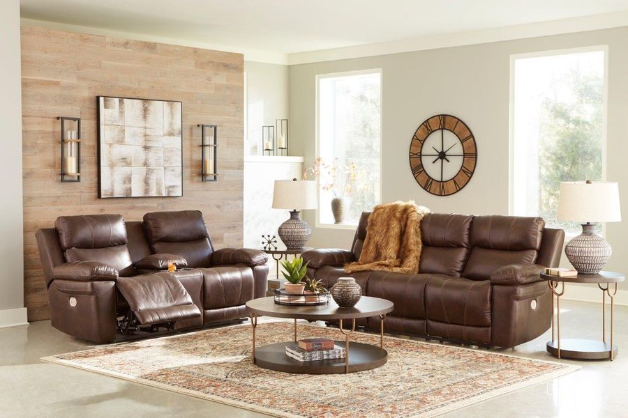 The appearance of Edmar Power Reclining Living Room Set With Adjustable Headrest In Chocolate designed by Signature Design by Ashley in the modern / contemporary interior design. This chocolate piece of furniture  was selected by 1StopBedrooms from Edmar Collection to add a touch of cosiness and style into your home. Sku: U6480515;U6480518. Product Type: Living Room Set. Material: Leather Match. Image1