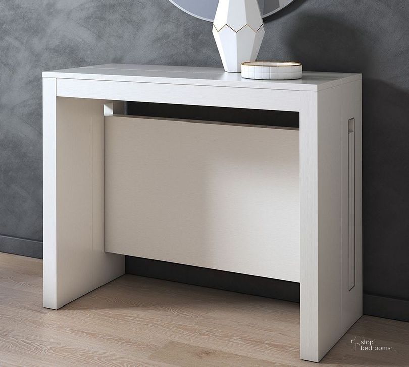 The appearance of Elasto White Wood Grain Melamine Extendable Console designed by Casabianca Home in the modern / contemporary interior design. This white piece of furniture  was selected by 1StopBedrooms from Elasto Collection to add a touch of cosiness and style into your home. Sku: TC-542B-WH. Product Type: Console Table. Material: MDF.