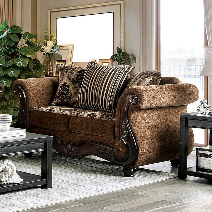 The appearance of Eldarma Brown Loveseat designed by Versailles Home in the traditional interior design. This brown piece of furniture  was selected by 1StopBedrooms from Eldarma Collection to add a touch of cosiness and style into your home. Sku: SM6430-LV. Material: Wood. Product Type: Loveseat. Image1