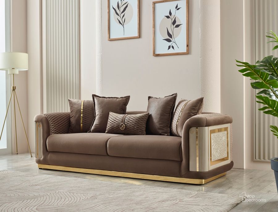The appearance of Elegance 3 Seat Sofa In Brown designed by Furnia in the  interior design. This brown piece of furniture  was selected by 1StopBedrooms from Elegance Collection to add a touch of cosiness and style into your home. Sku: 101-ELE-LV406-3. Material: Wood. Product Type: Sofa. Image1