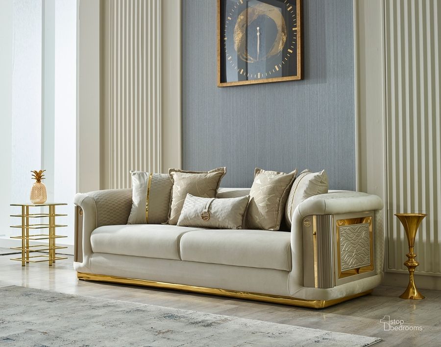 The appearance of Elegance 3 Seat Sofa In Cream designed by Furnia in the  interior design. This cream piece of furniture  was selected by 1StopBedrooms from Elegance Collection to add a touch of cosiness and style into your home. Sku: 101-ELE-LV938-3. Material: Wood. Product Type: Sofa. Image1