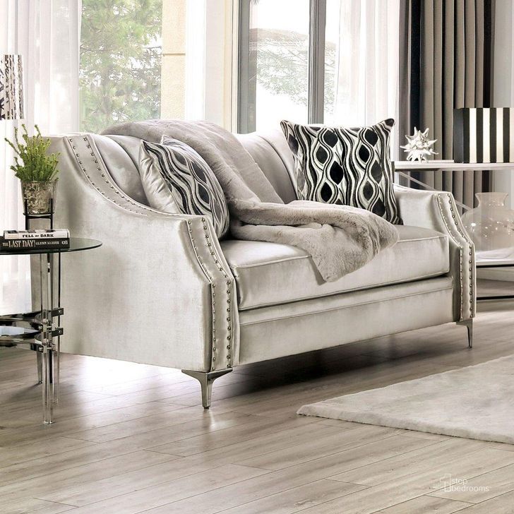 The appearance of Elicia Loveseat In Silver designed by Furniture of America in the transitional interior design. This silver piece of furniture  was selected by 1StopBedrooms from Elicia Collection to add a touch of cosiness and style into your home. Sku: SM2686-LV. Material: Wood. Product Type: Loveseat.