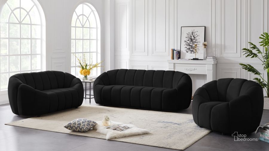 The appearance of Elijah Black Living Room Set designed by Meridian in the modern / contemporary interior design. This black piece of furniture  was selected by 1StopBedrooms from Elijah Collection to add a touch of cosiness and style into your home. Sku: 613Black-S;613Black-L. Product Type: Living Room Set. Material: Velvet. Image1