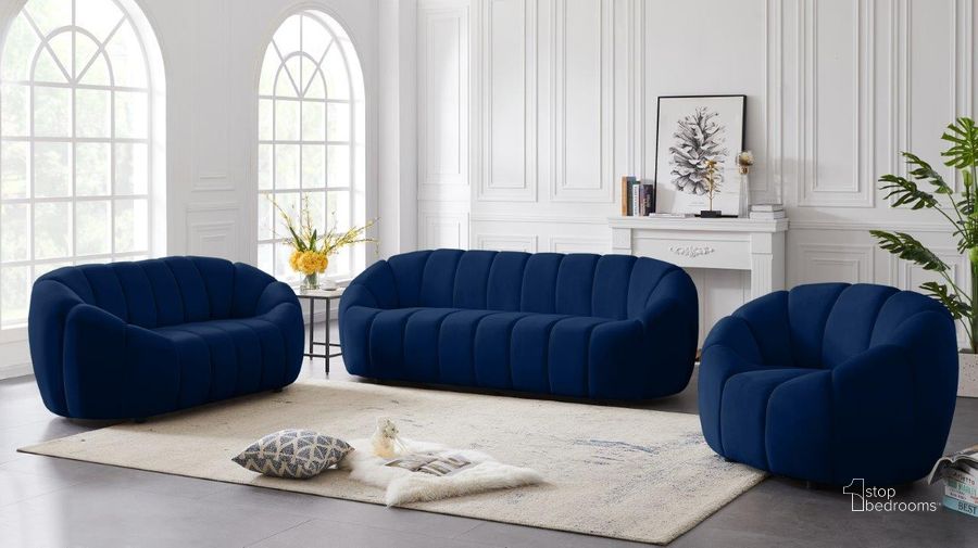 The appearance of Elijah Navy Living Room Set designed by Meridian in the modern / contemporary interior design. This navy piece of furniture  was selected by 1StopBedrooms from Elijah Collection to add a touch of cosiness and style into your home. Sku: 613Navy-S;613Navy-L. Product Type: Living Room Set. Material: Velvet. Image1