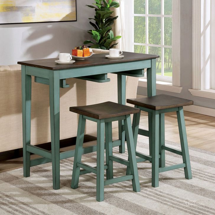The appearance of Elinor 3 Piece Bar Table Set In Antique Teal and Gray designed by Furniture of America in the transitional interior design. This teal and grey piece of furniture  was selected by 1StopBedrooms from Elinor Collection to add a touch of cosiness and style into your home. Sku: CM3475GR-PT-3PK. Material: Wood. Product Type: Bar Set. Image1