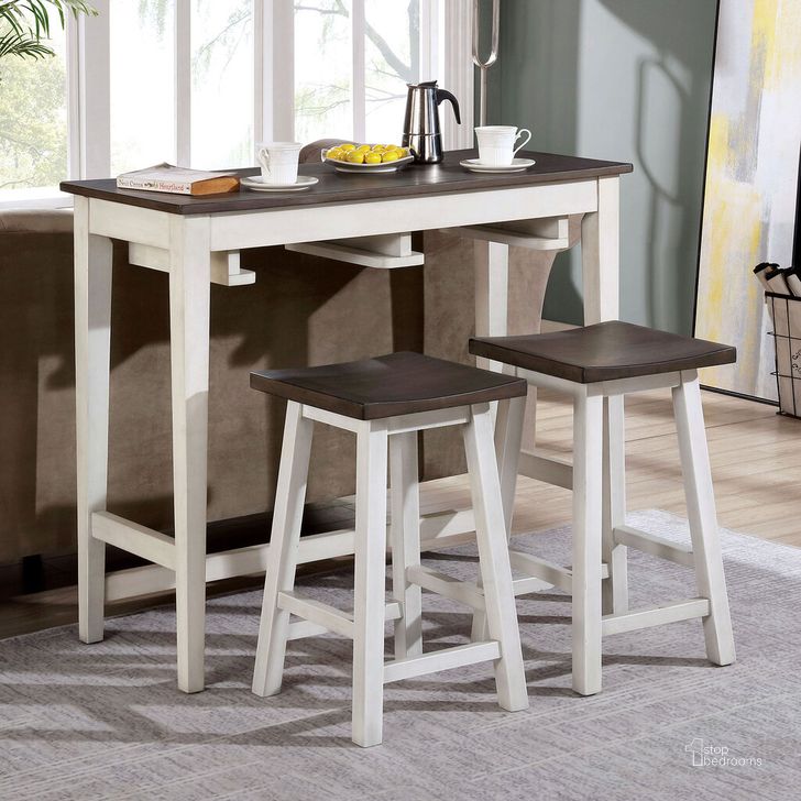 The appearance of Elinor 3 Piece Bar Table Set In White and Gray designed by Furniture of America in the transitional interior design. This white/gray piece of furniture  was selected by 1StopBedrooms from Elinor Collection to add a touch of cosiness and style into your home. Sku: CM3475WH-PT-3PK. Material: Wood. Product Type: Bar Set. Image1