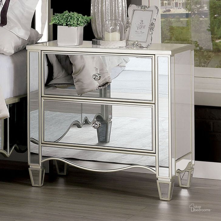 The appearance of Eliora Night Stand In Silver designed by Furniture of America in the glam interior design. This silver piece of furniture  was selected by 1StopBedrooms from Eliora Collection to add a touch of cosiness and style into your home. Sku: FOA7890N. Material: Wood. Product Type: Nightstand. Image1