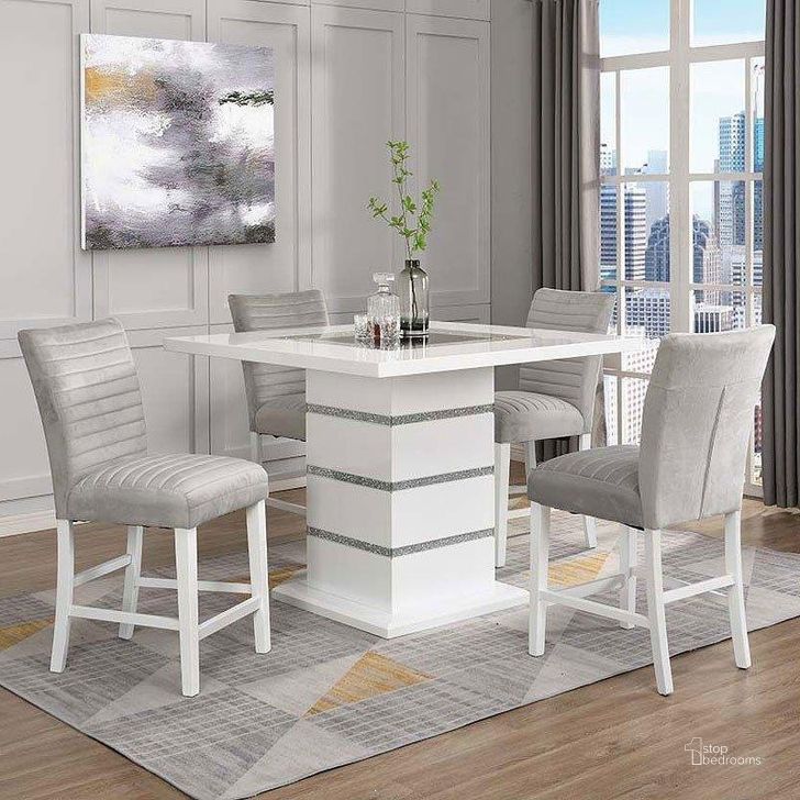 The appearance of Elizaveta Counter Height Dining Room Set designed by ACME in the modern / contemporary interior design. This white high gloss piece of furniture  was selected by 1StopBedrooms from Elizaveta Collection to add a touch of cosiness and style into your home. Sku: DN00817-1;DN00817-2;DN00817-3;DN00818. Table Top Shape: Square. Material: Wood. Product Type: Dining Room Set. Image1