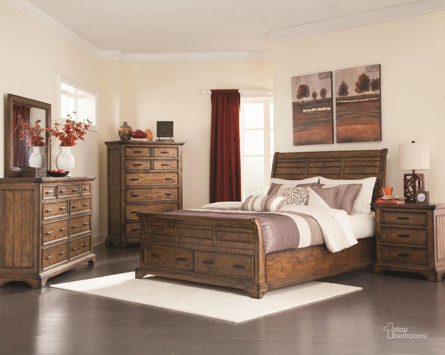 The appearance of Elk Grove Vintage Bourbon Storage Sleigh Bedroom Set designed by Coaster in the rustic / southwestern interior design. This brown piece of furniture  was selected by 1StopBedrooms from Elk Grove Collection to add a touch of cosiness and style into your home. Sku: 203891QB1;203891QB2;203891QB3;203892. Bed Type: Storage Bed. Material: Wood. Product Type: Storage Bed. Bed Size: Queen. Image1