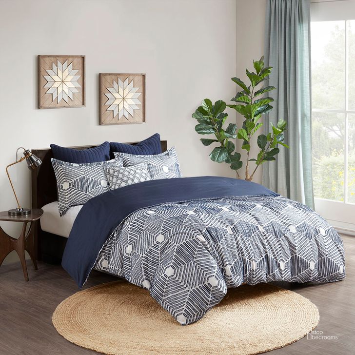 The appearance of Ellipse Cotton Clipped Jacquard Queen Duvet Cover Set In Navy designed by Olliix in the modern / contemporary interior design. This navy piece of furniture  was selected by 1StopBedrooms from Ellipse Collection to add a touch of cosiness and style into your home. Sku: II12-1071. Bed Size: Queen. Material: Cotton. Product Type: Duvet Cover Set. Image1