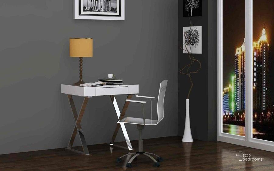The appearance of Elm White Small Desk designed by Whiteline Modern Living in the modern / contemporary interior design. This white piece of furniture  was selected by 1StopBedrooms from Elm Collection to add a touch of cosiness and style into your home. Sku: DK1205S-WHT. Product Type: Desk. Material: Stainless Steel. Image1
