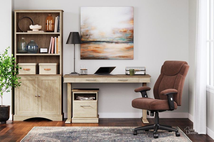 The appearance of Elmferd Light Brown Adjustable Height Home Office Set designed by Signature Design by Ashley in the modern / contemporary interior design. This light brown piece of furniture  was selected by 1StopBedrooms from Elmferd Collection to add a touch of cosiness and style into your home. Sku: H302-29;H220-05A. Material: Wood. Product Type: Home Office Set. Image1