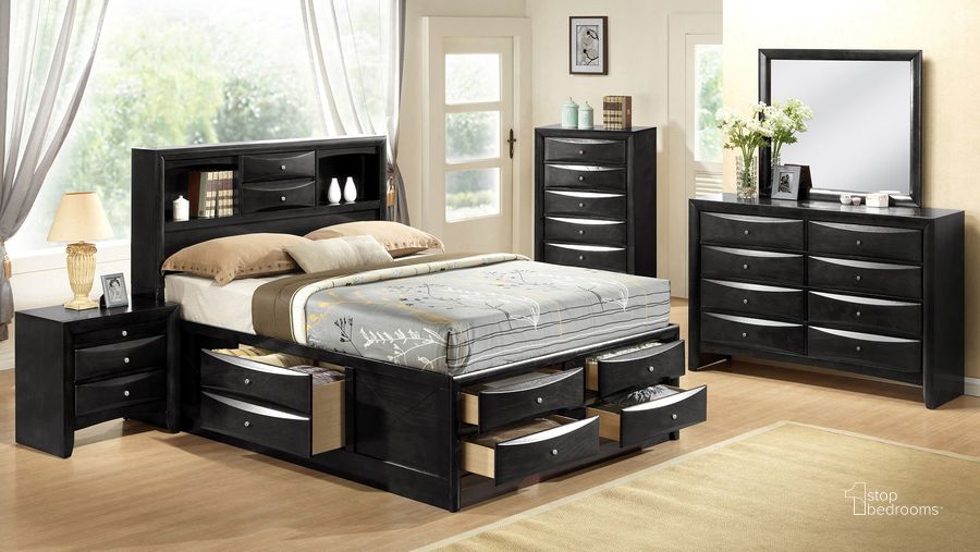The appearance of Emily Bookcase Bedroom Set (Black) designed by Crown Mark in the transitional interior design. This black piece of furniture  was selected by 1StopBedrooms from Emily Collection to add a touch of cosiness and style into your home. Sku: B4285-K-DRW-L;B4285-K-DRW-R;B4285-K-HBFB;B4285-K-RAIL;B4280-2. Bed Type: Storage Bed. Material: Wood. Product Type: Storage Bed. Bed Size: Queen. Image1