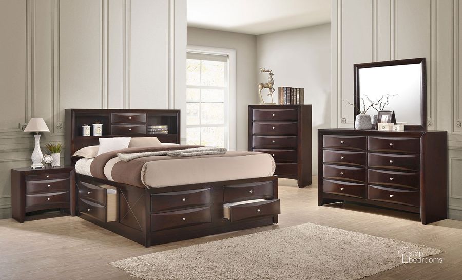 The appearance of Emily Bookcase Bedroom Set (Dark Cherry) designed by Crown Mark in the transitional interior design. This dark cherry piece of furniture  was selected by 1StopBedrooms from Emily Collection to add a touch of cosiness and style into your home. Sku: B4265-Q-HBFB;B4265-Q-RAIL;B4265-Q-DRW-L;B4265-Q-DRW-R;B4260-2. Bed Type: Storage Bed. Material: Wood. Product Type: Storage Bed. Bed Size: Queen. Image1