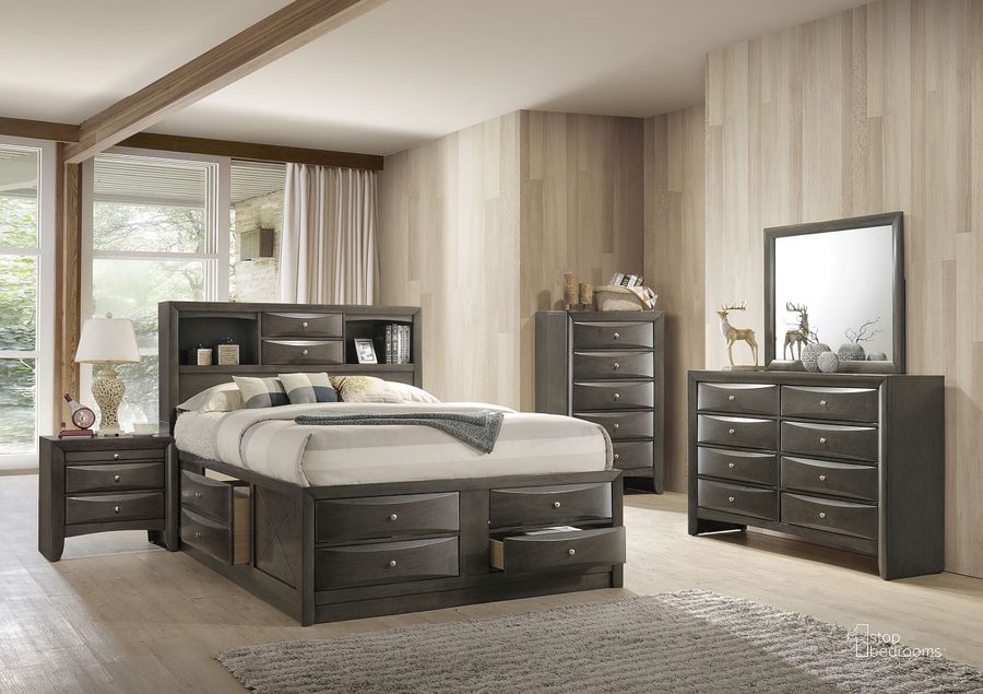 The appearance of Emily Bookcase Bedroom Set (Grey) designed by Crown Mark in the transitional interior design. This grey piece of furniture  was selected by 1StopBedrooms from Emily Collection to add a touch of cosiness and style into your home. Sku: B4275-Q-HBFB;B4275-Q-RAIL;B4275-Q-DRW-L;B4275-Q-DRW-R;B4270-2. Bed Type: Storage Bed. Material: Wood. Product Type: Storage Bed. Bed Size: Queen. Image1
