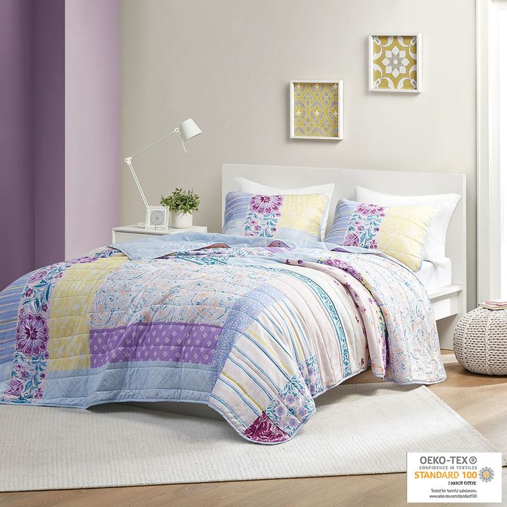 The appearance of Emmaline Cotton Printed Queen Coverlet Set In Blue/Purple designed by Olliix in the transitional interior design. This blue/purple piece of furniture  was selected by 1StopBedrooms from Emmaline Collection to add a touch of cosiness and style into your home. Sku: ID13-2084. Material: Polyester. Bed Size: Queen. Product Type: Coverlet Set. Image1