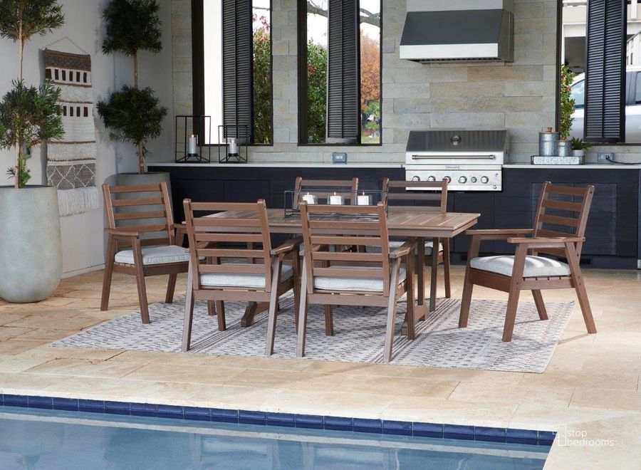 The appearance of Emmeline Brown Outdoor Dining Set designed by Signature Design by Ashley in the transitional interior design. This brown piece of furniture  was selected by 1StopBedrooms from Emmeline Collection to add a touch of cosiness and style into your home. Sku: P420-625;P420-601A. Table Top Shape: Rectangular. Product Type: Outdoor Dining Set. Image1