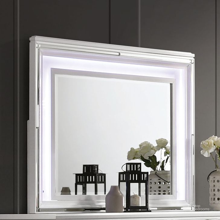 The appearance of Emmeline Mirror With Led Lights In White designed by Furniture of America in the modern / contemporary interior design. This white piece of furniture  was selected by 1StopBedrooms from Emmeline Collection to add a touch of cosiness and style into your home. Sku: FOA7147WH-M. Material: Wood. Product Type: Dresser Mirror. Image1