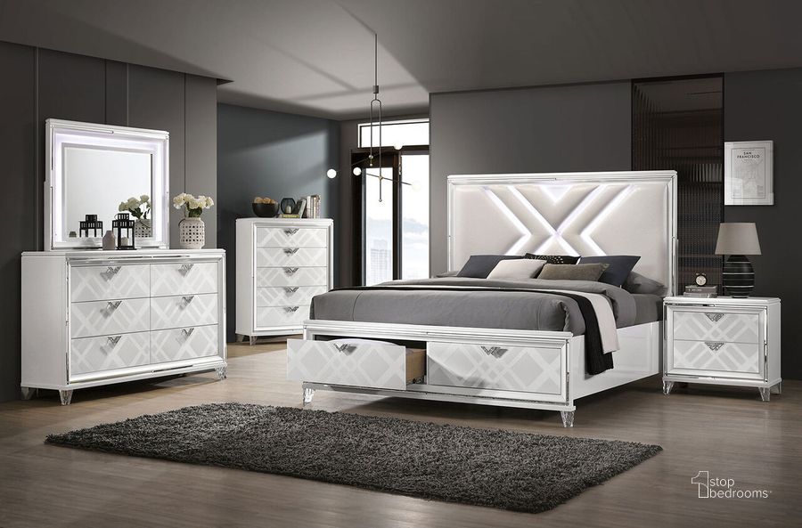 The appearance of Emmeline Queen Bed In White designed by Furniture of America in the modern / contemporary interior design. This white piece of furniture  was selected by 1StopBedrooms from Emmeline Collection to add a touch of cosiness and style into your home. Sku: FOA7147WH-Q-1;FOA7147WH-Q-2;FOA7147WH-Q-3;FOA7147WH-Q-4. Bed Type: Platform Bed. Material: Wood. Product Type: Platform Bed. Bed Size: Queen. Image1