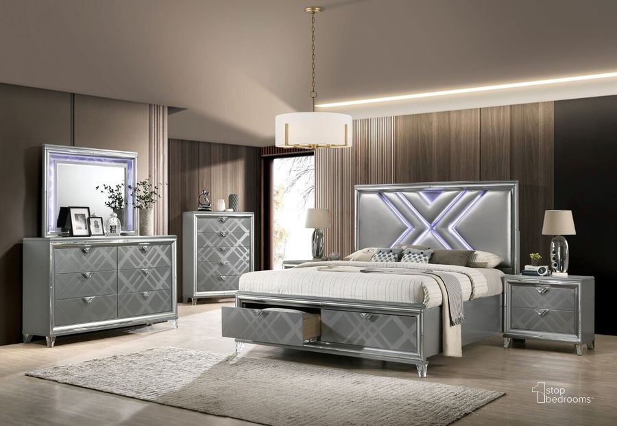 The appearance of Emmeline California King Bed In Silver designed by Furniture of America in the modern / contemporary interior design. This silver piece of furniture  was selected by 1StopBedrooms from Emmeline Collection to add a touch of cosiness and style into your home. Sku: FOA7147K-1;FOA7147K-2;FOA7147CK-3;FOA7147K-4. Bed Type: Platform Bed. Material: Wood. Product Type: Platform Bed. Bed Size: California King. Image1
