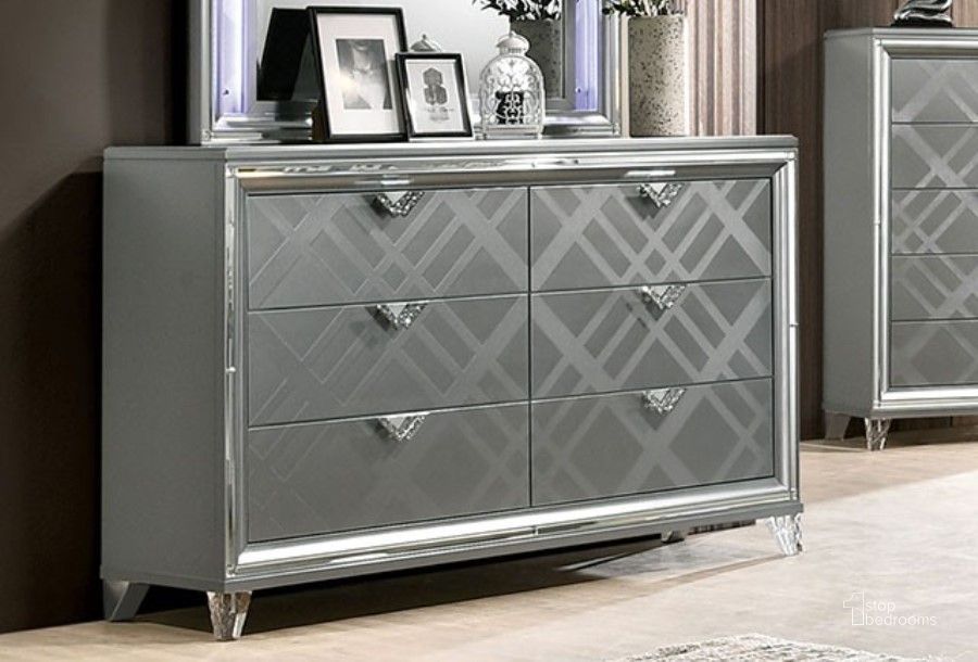 The appearance of Emmeline Silver Upholstered Dresser designed by Furniture of America in the modern / contemporary interior design. This silver piece of furniture  was selected by 1StopBedrooms from Emmeline Collection to add a touch of cosiness and style into your home. Sku: FOA7147D. Material: Wood. Product Type: Dresser. Image1