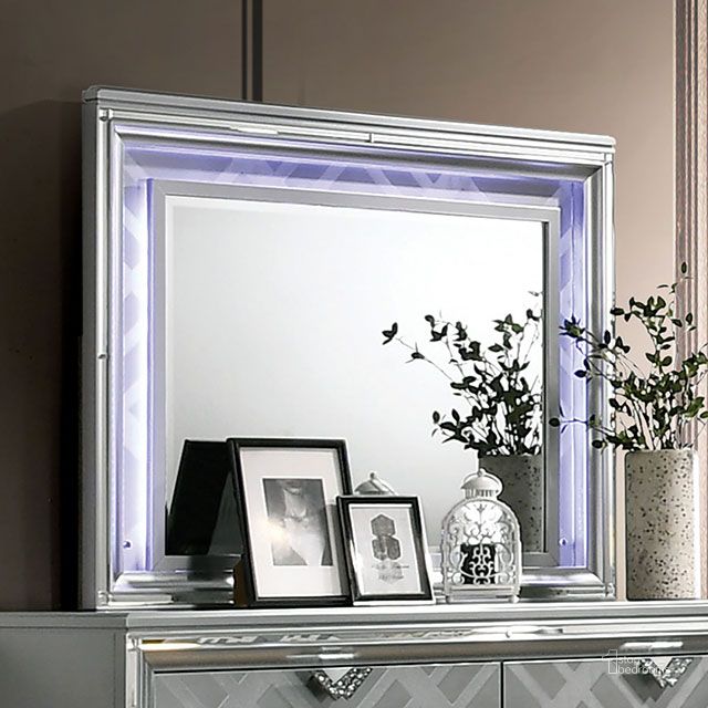The appearance of Emmeline Silver Upholstered Mirror With Led Light designed by Furniture of America in the modern / contemporary interior design. This silver piece of furniture  was selected by 1StopBedrooms from Emmeline Collection to add a touch of cosiness and style into your home. Sku: FOA7147M. Material: Wood. Product Type: Dresser Mirror. Image1