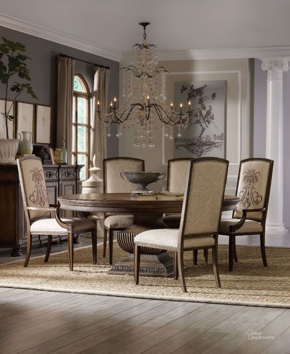 The appearance of Rhapsody Brown 60" Round Dining Room Set designed by Hooker in the traditional interior design. This beige piece of furniture  was selected by 1StopBedrooms from Rhapsody Collection to add a touch of cosiness and style into your home. Sku: 5070-75001;5070-75002;5070-75410. Table Base Style: Pedestal. Table Top Shape: Round. Material: Wood. Product Type: Dining Room Set. Image1