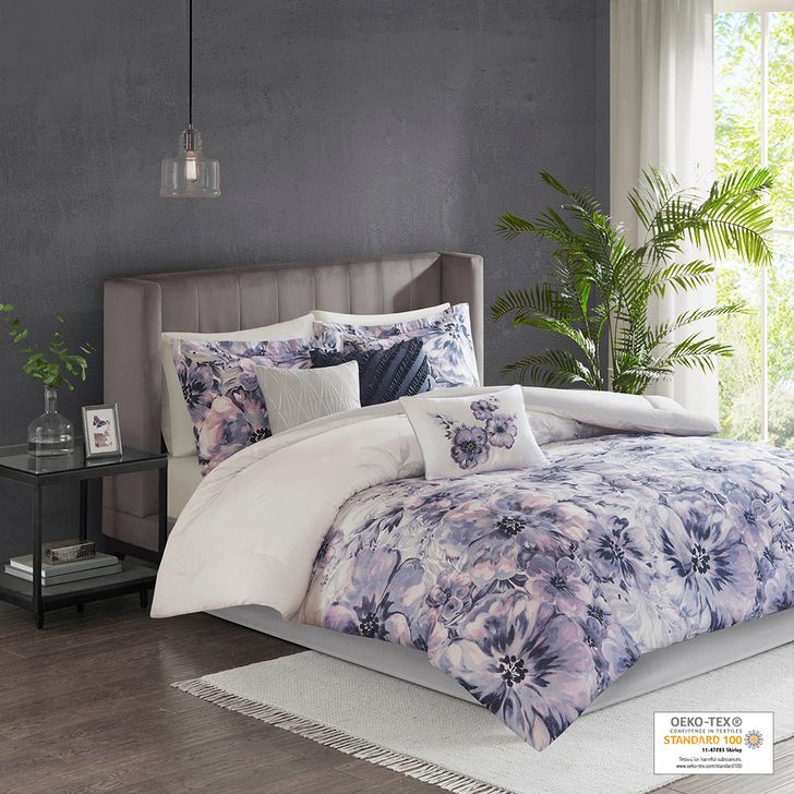 The appearance of Enza Cotton Printed 7Pcs King Comforter Set In Purple designed by Olliix in the transitional interior design. This purple piece of furniture  was selected by 1StopBedrooms from Enza Collection to add a touch of cosiness and style into your home. Sku: MP10-5811. Material: Polyester. Bed Size: King. Product Type: Comforter Set. Image1